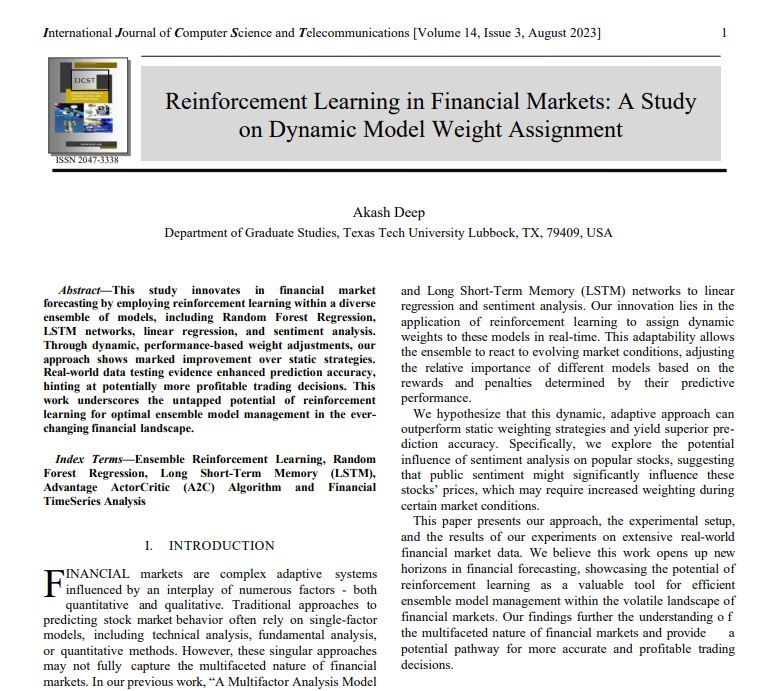 Reinforcement Learning in Financial Markets: A Study
                    on Dynamic Model Weight Assignment